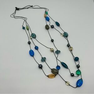 Lia Sophia "Sea Glass" Green/Blue Glass Bead on 3 Strands Long Necklace